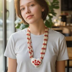Hand Crafted Native‎ American Style Long Necklace With Big Ceramic Heart